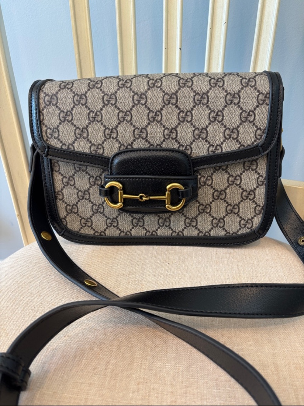 Gucci Beige GG Canvas Type Crossbody with Black Leather & Gold Hardware